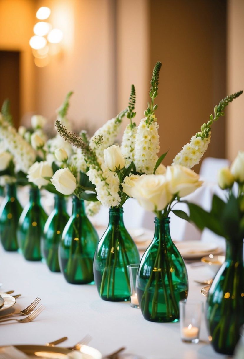 Clusters of bud vases arranged in dynamic groupings for wedding table decorations