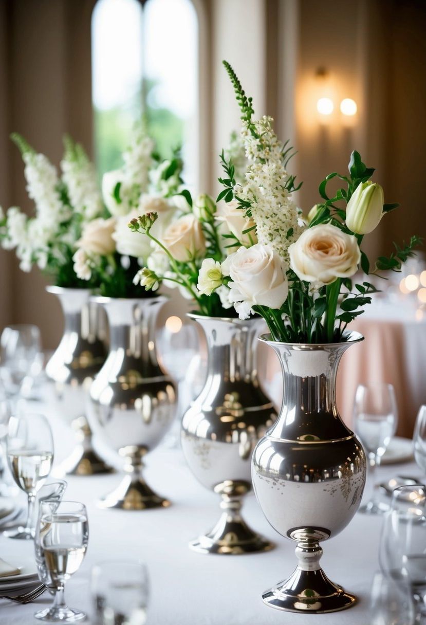 Metallic vases with delicate flowers arranged on a wedding table, adding a touch of glamour to the elegant setting