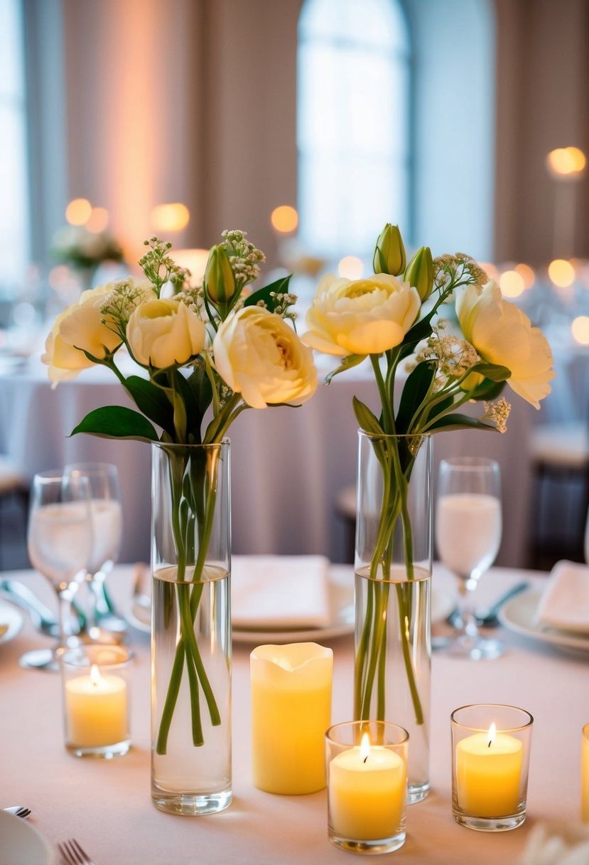 Two delicate bud vases with fresh flowers sit beside flickering candles on a beautifully set wedding reception table, creating a romantic and elegant ambiance