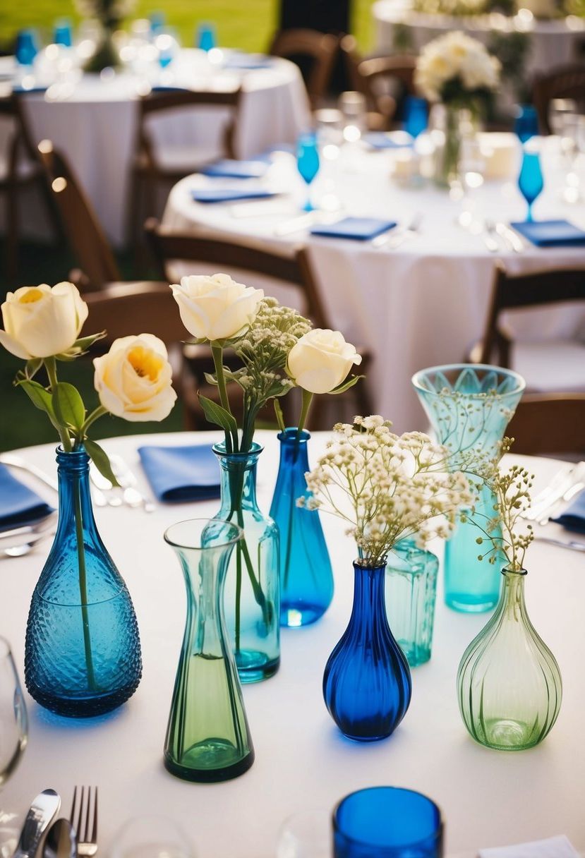 A collection of various bud vases in different shapes and sizes arranged on a wedding table, creating visual interest and adding a charming touch to the decor