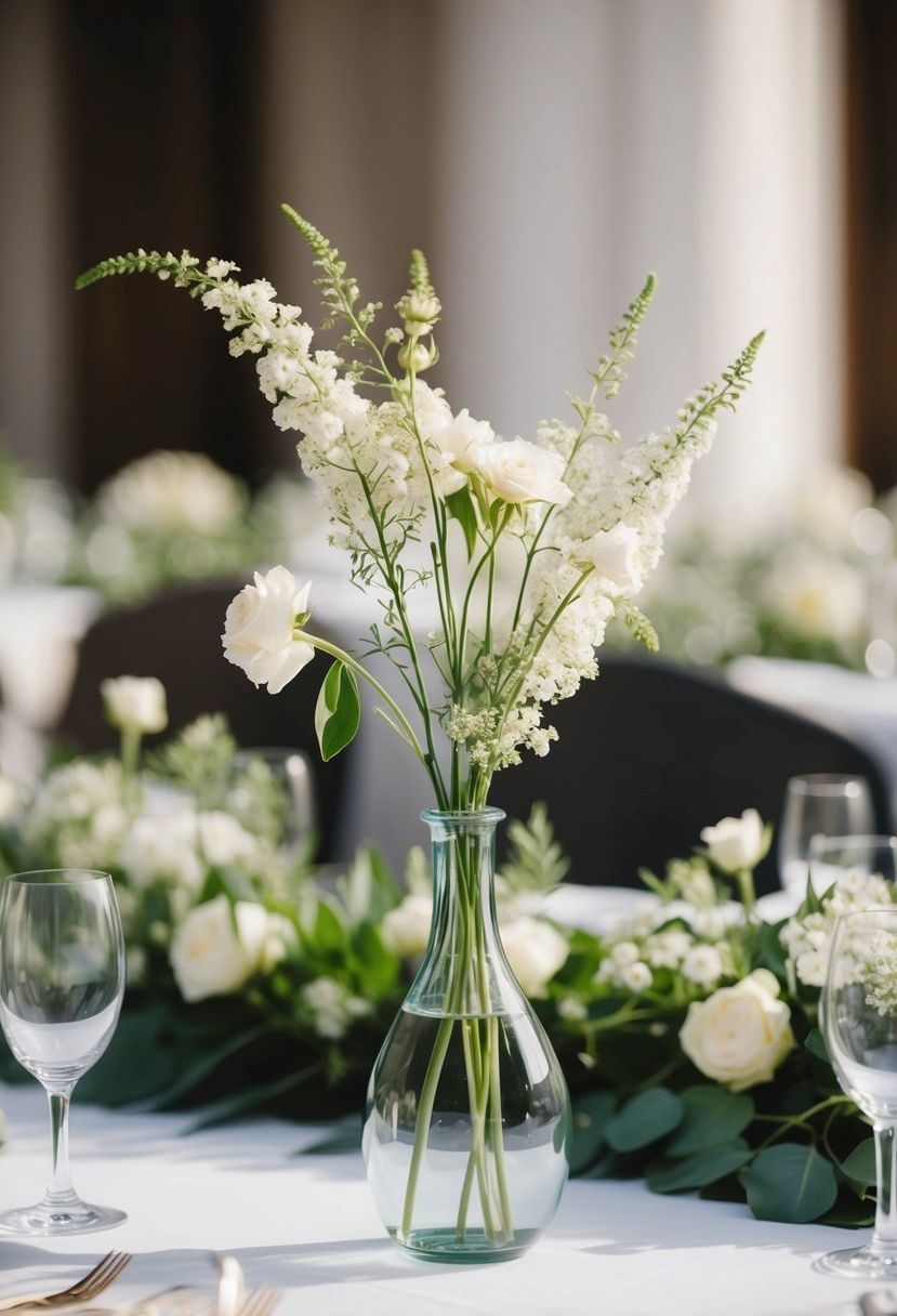 A single bud vase sits on a wedding table, surrounded by delicate flowers and greenery, creating a simple yet elegant decoration