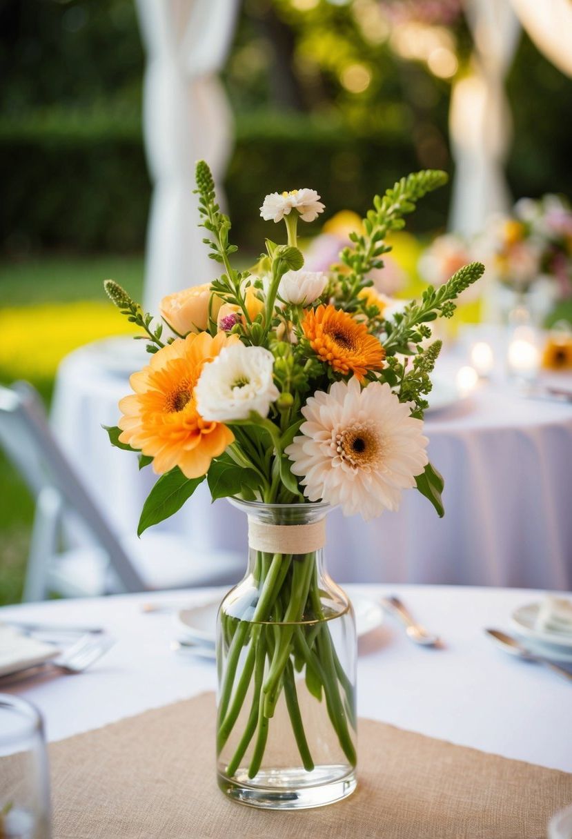 A small bud vase filled with seasonal flowers sits on a wedding table, adding a personalized touch to the decor