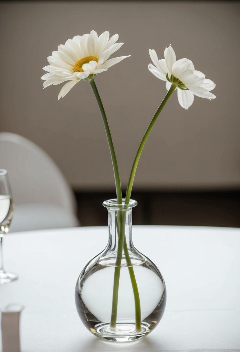 A clear bud vase holds a single-stem flower, set on a wedding table with minimalist decor