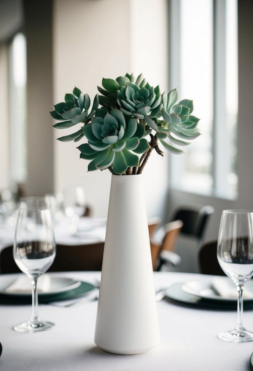 A sleek, minimalist bud vase holds a cluster of succulents, set on a modern wedding table with clean lines and subtle elegance