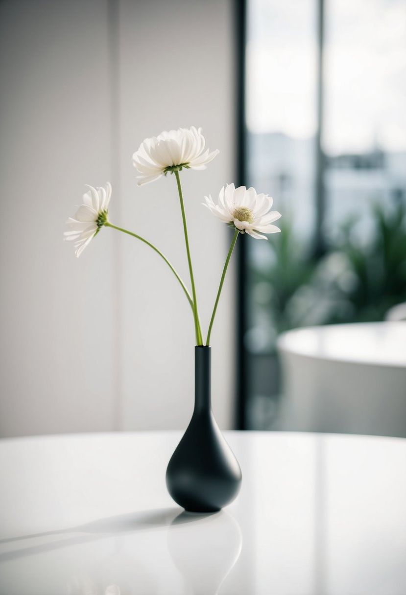 A single stem of delicate flower in a sleek, modern bud vase on a minimalist wedding table