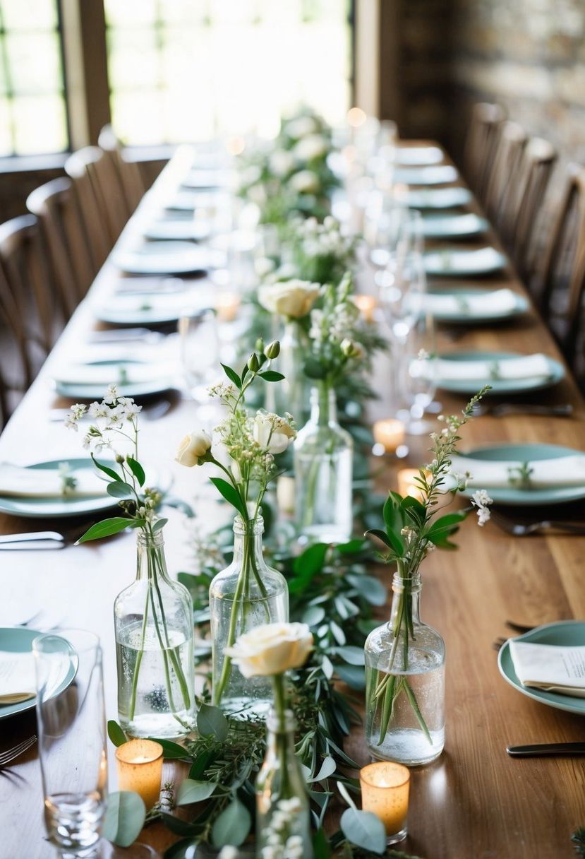 Bud vases line a long wooden table, filled with delicate flowers and greenery, creating a charming and elegant wedding centerpiece