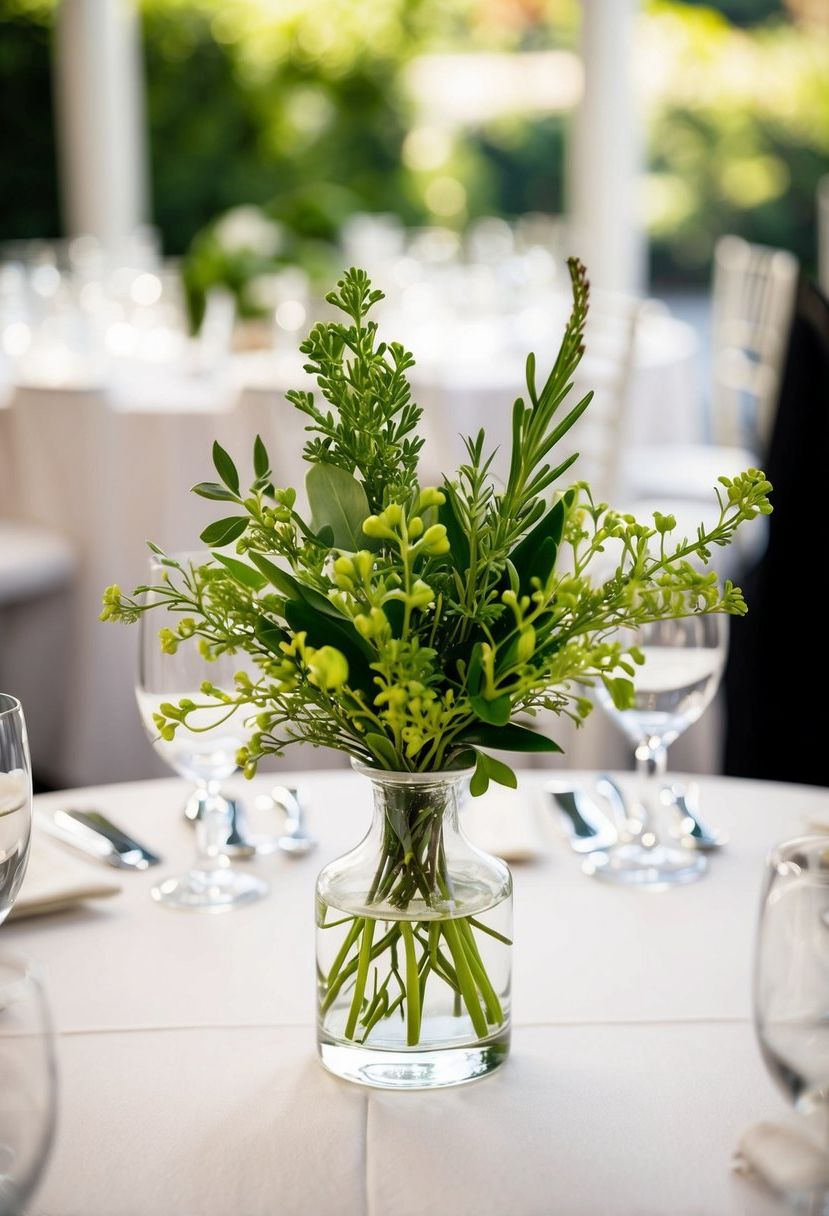 A small bud vase filled with vibrant greenery sits atop a wedding table, adding a fresh and organic touch to the decor