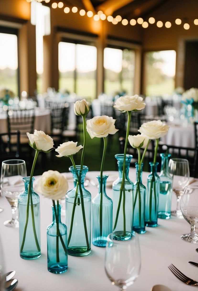 A table adorned with bud vases of varying heights, creating depth and visual interest for a wedding centerpiece