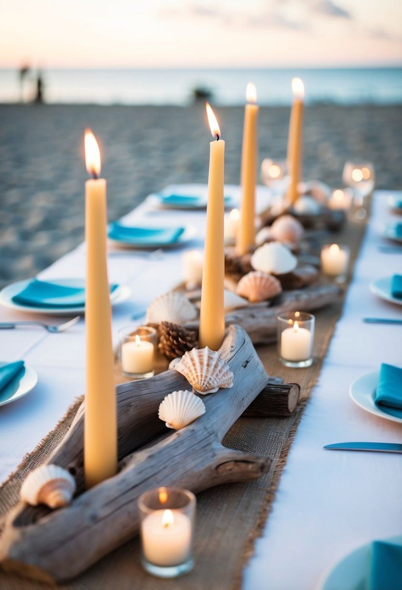 Driftwood centerpieces adorned with seashells and candles on a beach-themed wedding table