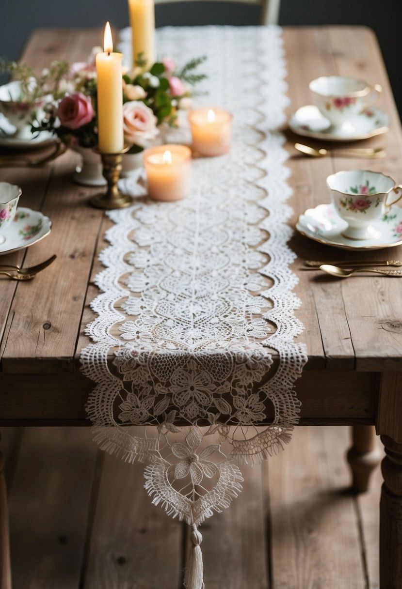 A lace table runner drapes across a rustic wooden table, adorned with delicate vintage tea cups, flowers, and candlelight