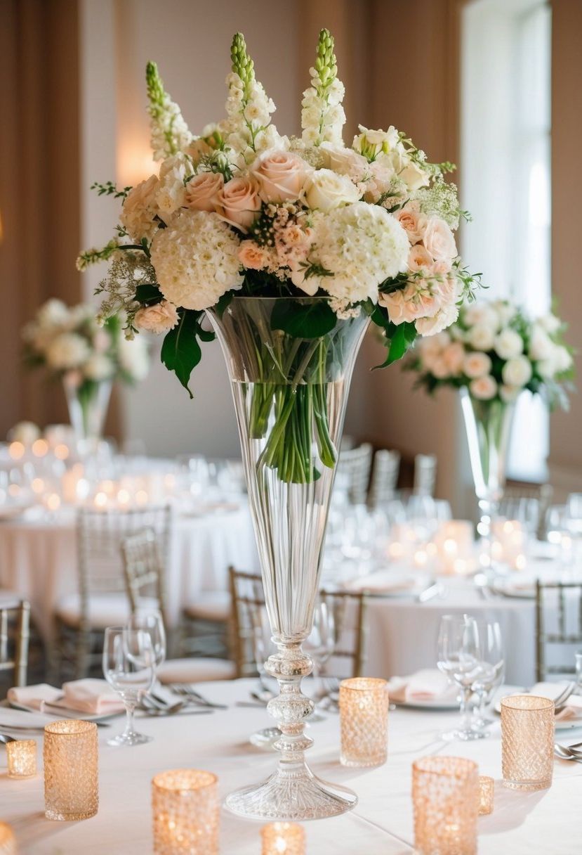 Tall crystal vases filled with delicate flowers adorn a beautifully set wedding table