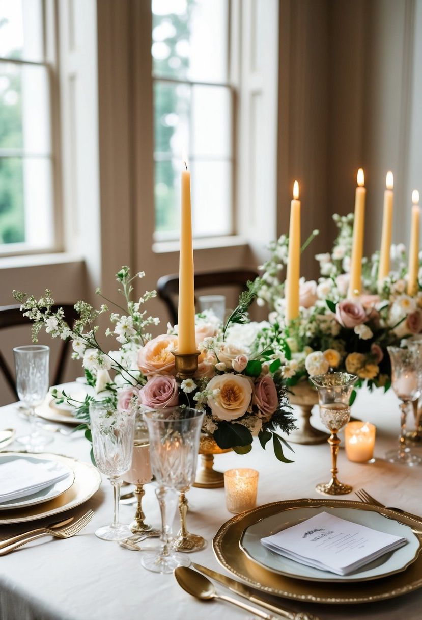 A table adorned with delicate floral centerpieces, elegant candles, and vintage tableware for a romantic and timeless wedding aesthetic