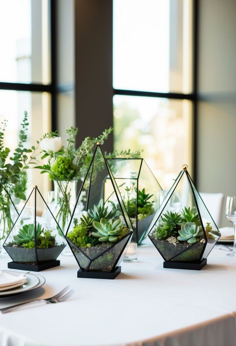 A sleek, modern table adorned with chic geometric terrariums filled with lush greenery and delicate succulents, creating an elegant and contemporary wedding centerpiece