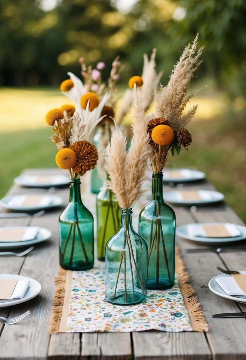 A rustic wooden table adorned with recycled glass vases, dried flower arrangements, and upcycled paper table runners