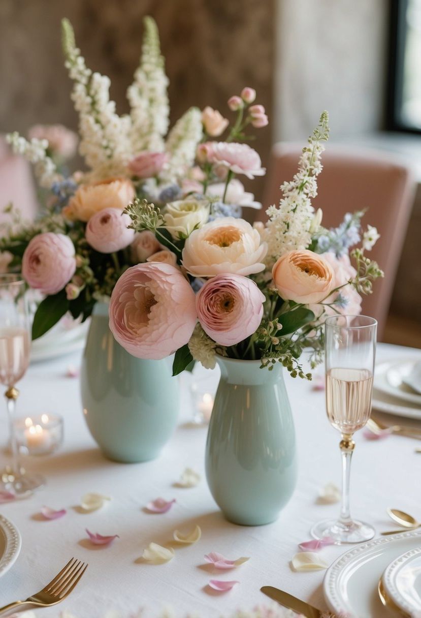 A table adorned with delicate pastel floral arrangements in vases and scattered petals