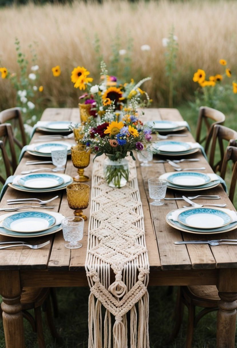 A rustic wooden table adorned with boho macramé table runners, set with vintage dinnerware and surrounded by wildflower centerpieces