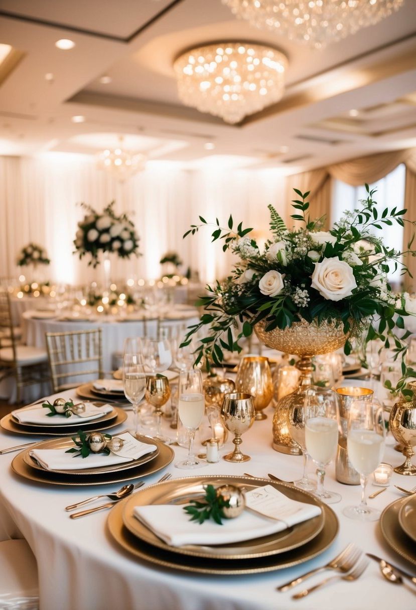 A lavish wedding table adorned with metallic accents and elegant decor