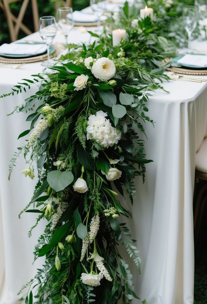 Lush greenery garlands draped across a wedding table, intertwined with delicate flowers and foliage, creating an elegant and natural aesthetic