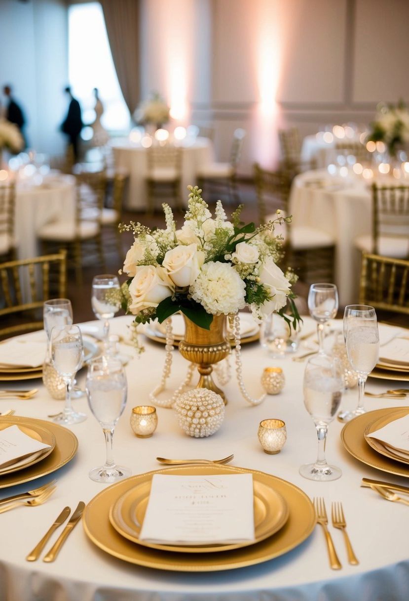 A wedding table adorned with pearl and gold details, including elegant centerpieces and place settings