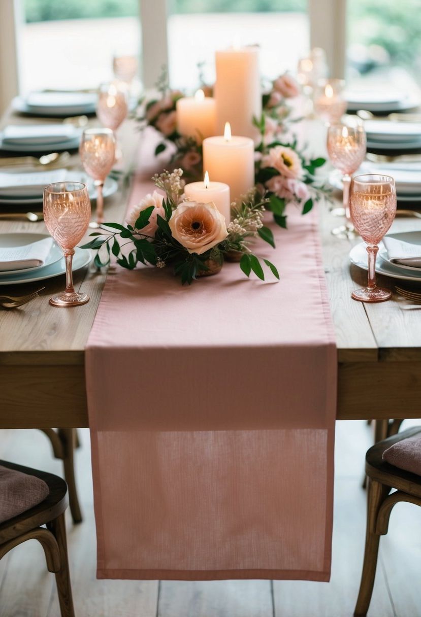 A dusty pink table runner drapes elegantly across a wooden table, adorned with delicate floral centerpieces and flickering candles