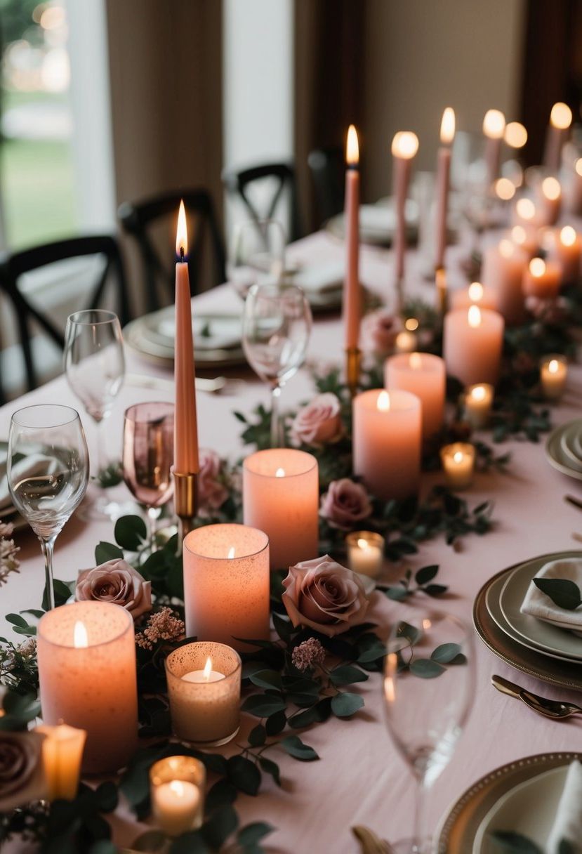 A table adorned with romantic dusty rose candles, creating a warm and elegant ambiance for a wedding celebration
