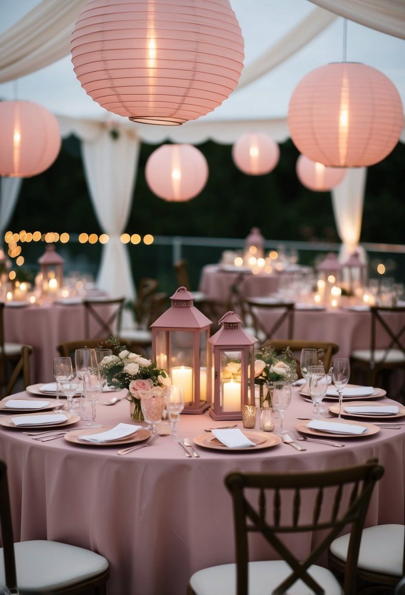 A table set with dusty pink lantern centerpieces, casting a soft glow over a romantic wedding reception