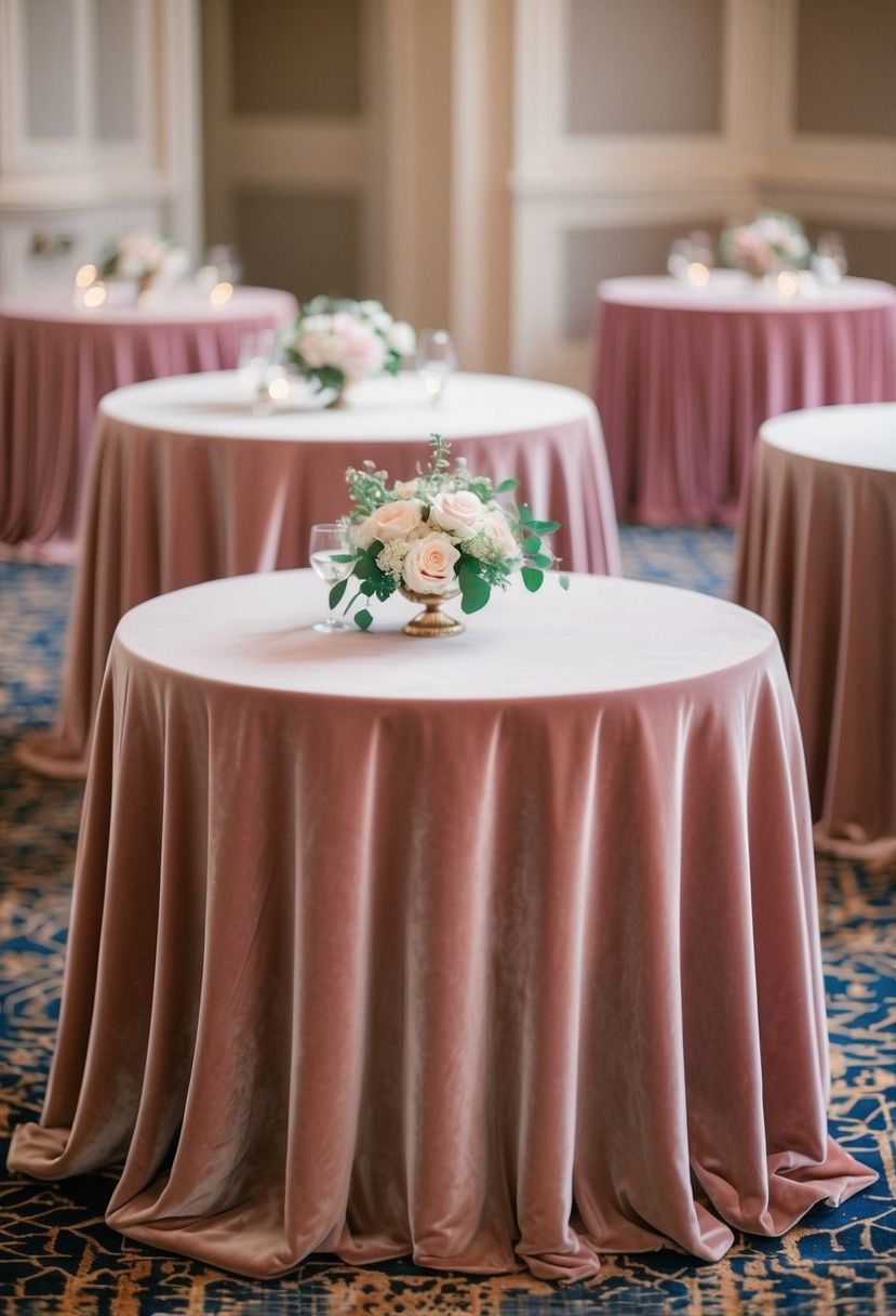 Soft dusty pink velvet tablecloths draped over wedding reception tables
