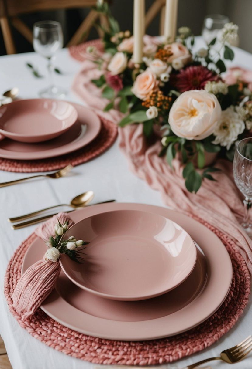 A rustic blush pink table set with matching mats and floral decor