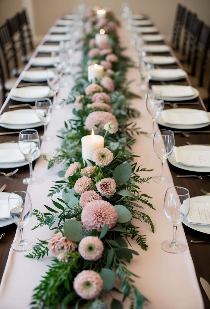 A long, flowing garland of dusty pink flowers and greenery adorns a wedding table, creating a romantic and elegant centerpiece