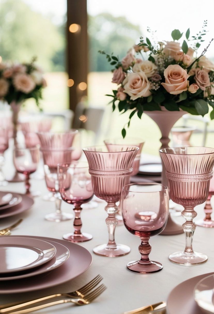 Dusty pink glassware accents adorn a wedding table, adding a soft and elegant touch to the romantic decor