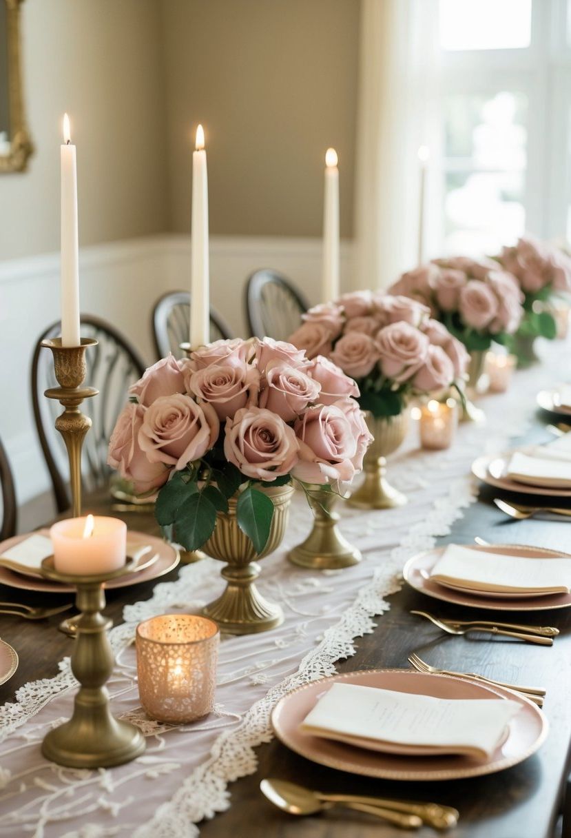 A table adorned with dusty pink roses, delicate lace runners, and vintage candle holders
