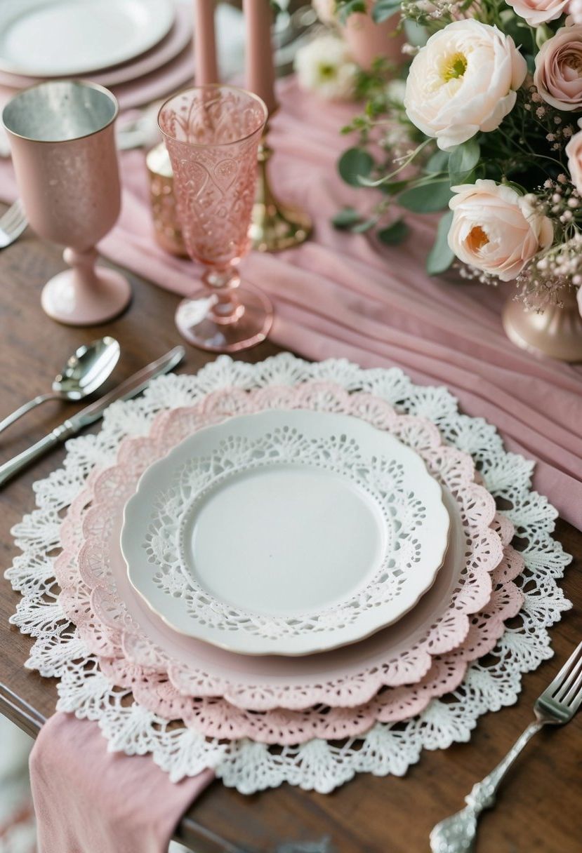 A table adorned with delicate pink lace doilies, surrounded by dusty pink wedding decorations