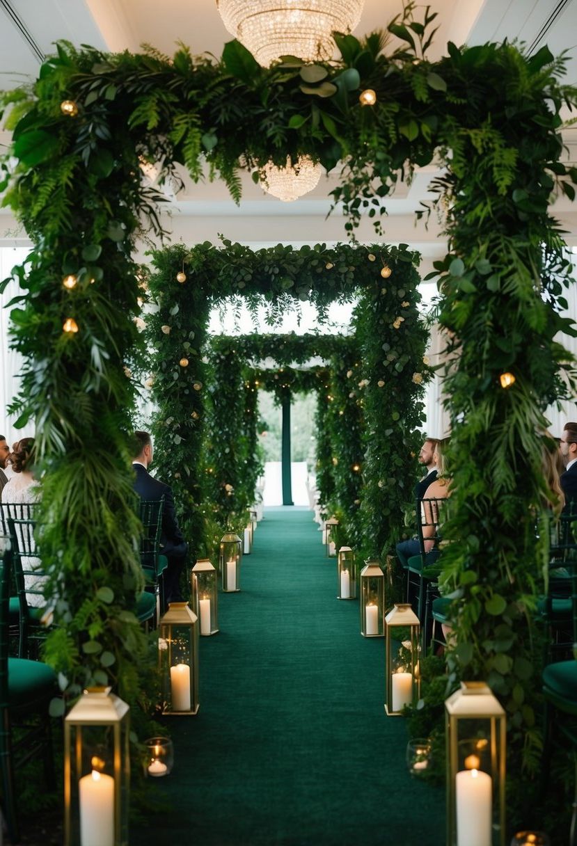 A lush greenery-covered wedding aisle with dark green table decorations