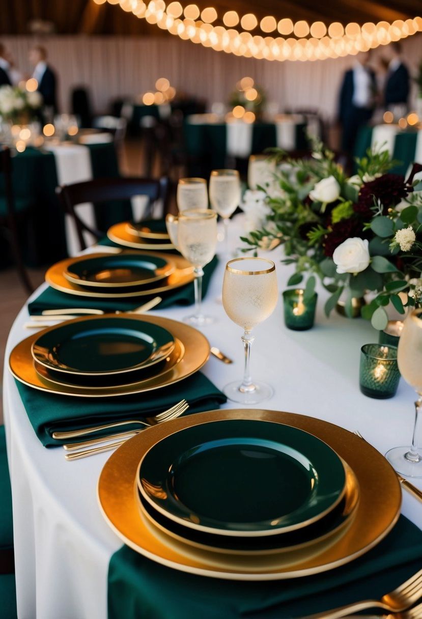 Dark green and gold place settings arranged on a wedding reception table