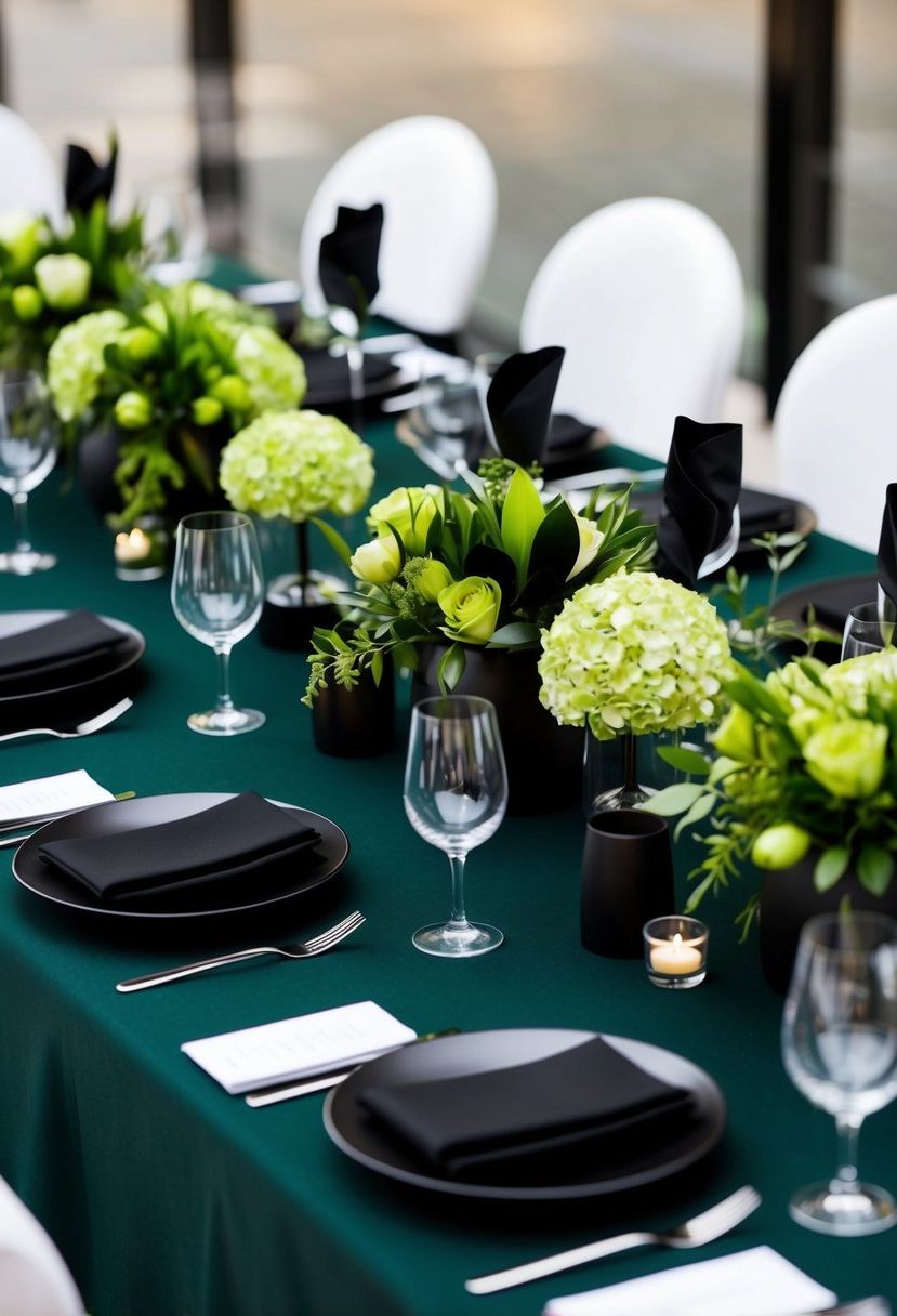A dark green tablecloth with black accents, adorned with modern green floral centerpieces and sleek black place settings