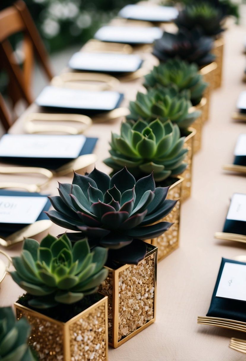 A table adorned with dark green succulent wedding favors, creating an elegant and natural wedding decoration