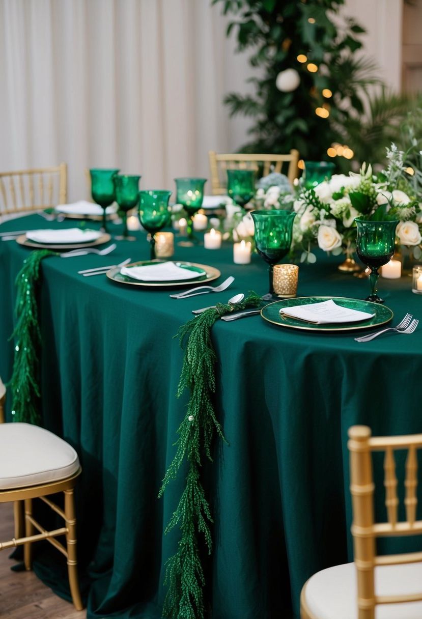A dark green linen tablecloth adorned with mystical green accents, surrounded by elegant wedding decorations