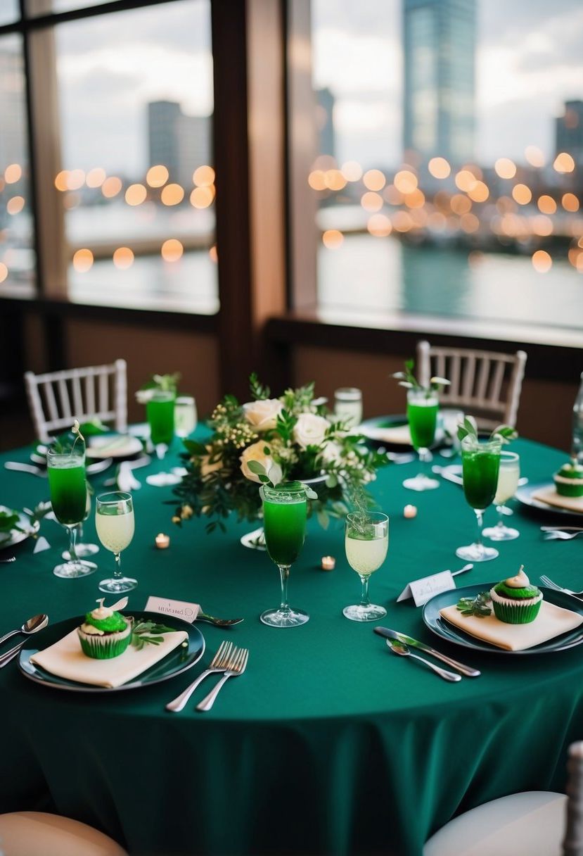 A dark green wedding table adorned with edible green drink decorations