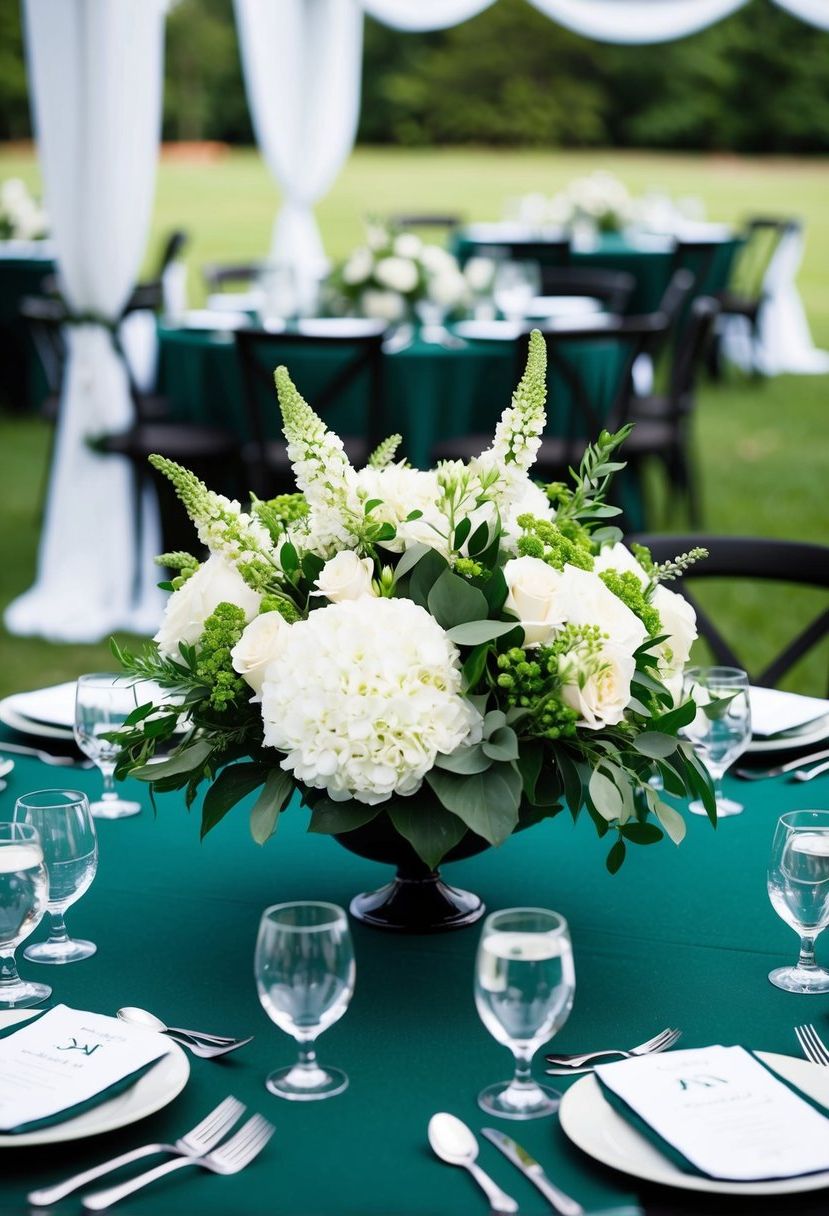 A white and green floral arrangement sits as a centerpiece on a dark green wedding table