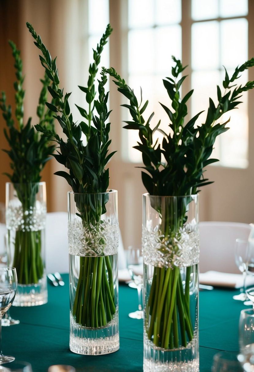 Dark green stems arranged in crystal vases on wedding tables