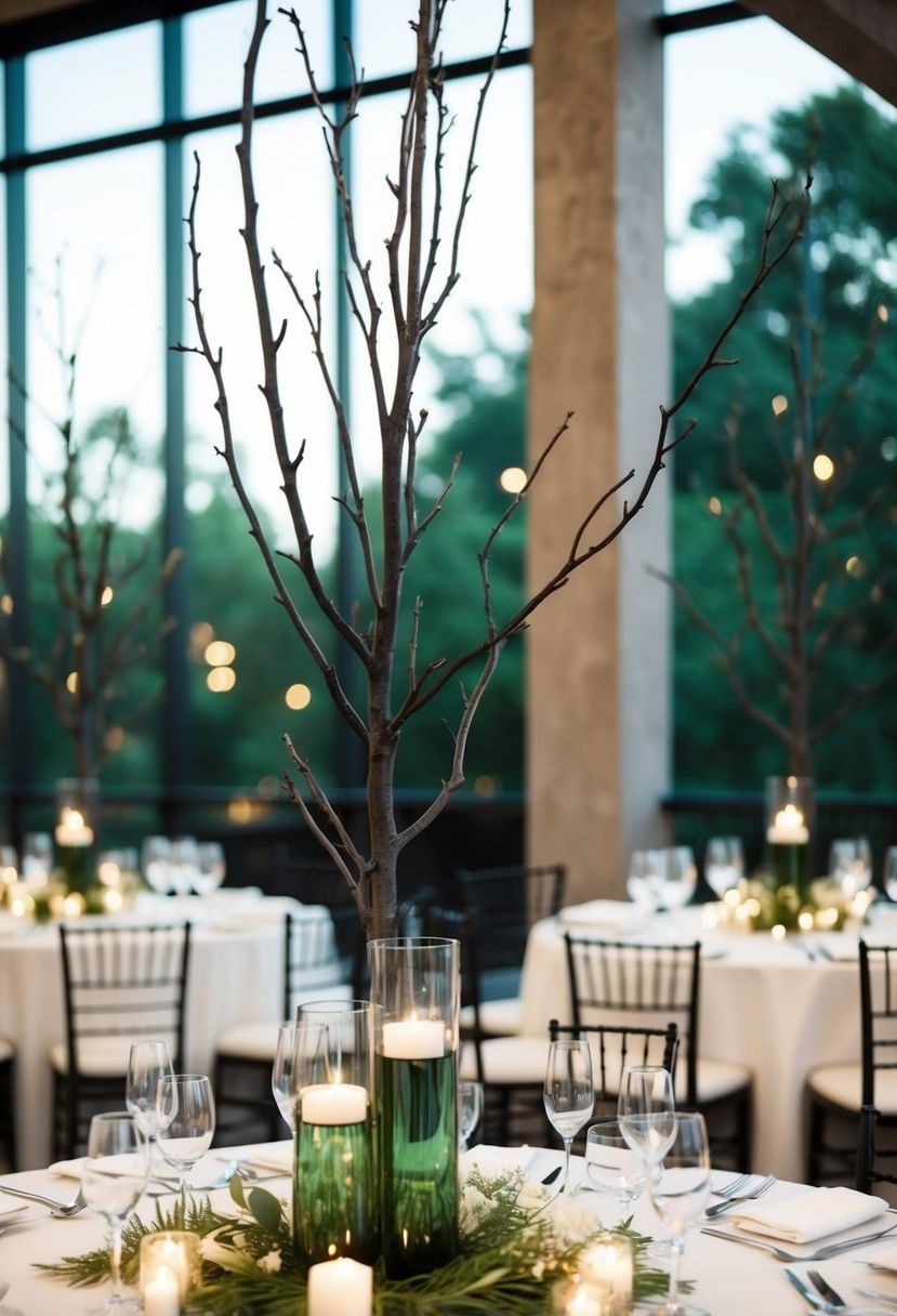 Tall, dark green branch centerpieces adorn wedding tables, adding a natural and elegant touch to the decor