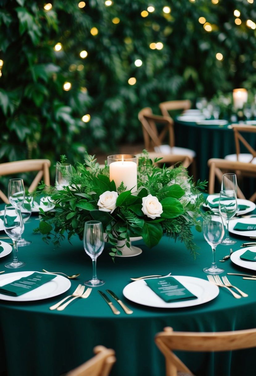 A table adorned with lush greenery centerpieces, creating a dark green wedding ambiance