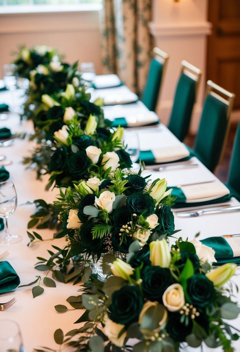Dark green bridesmaid bouquets arranged on wedding tables, surrounded by matching foliage and elegant decor