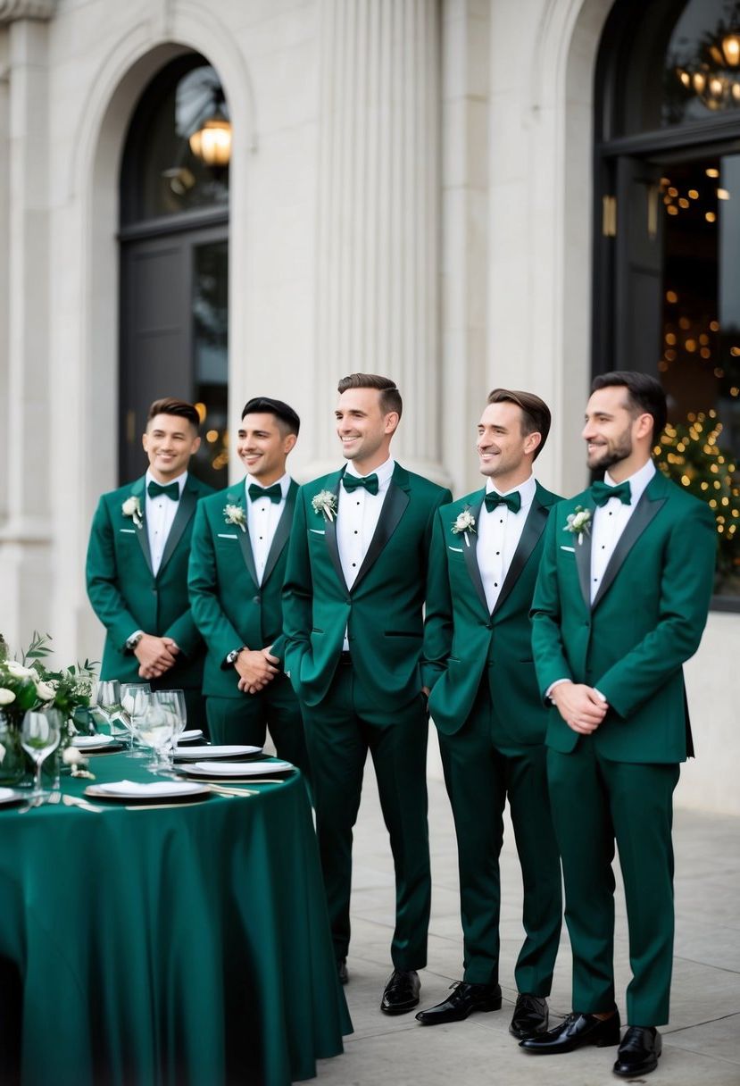 Dark green tuxedos stand beside a table adorned with dark green wedding decorations