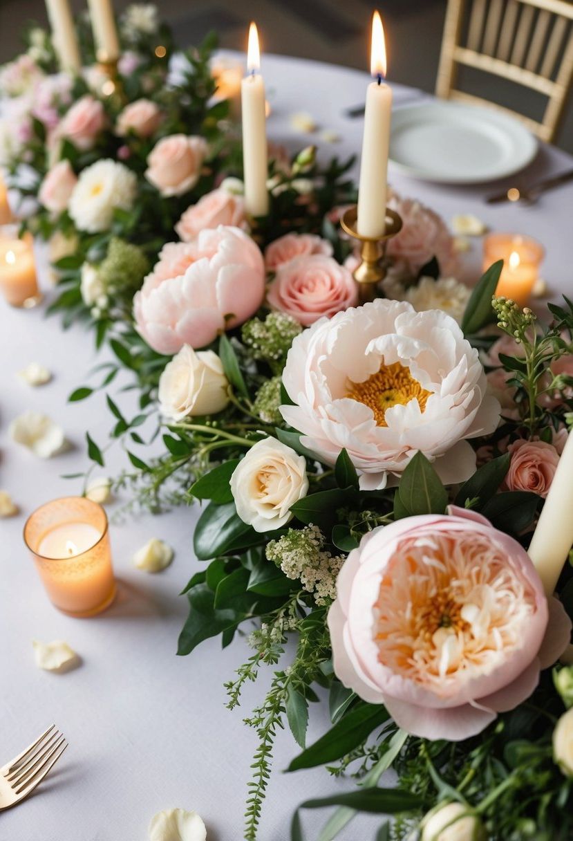 A table adorned with a floral centerpiece of roses, peonies, and greenery, accented with candles and scattered petals