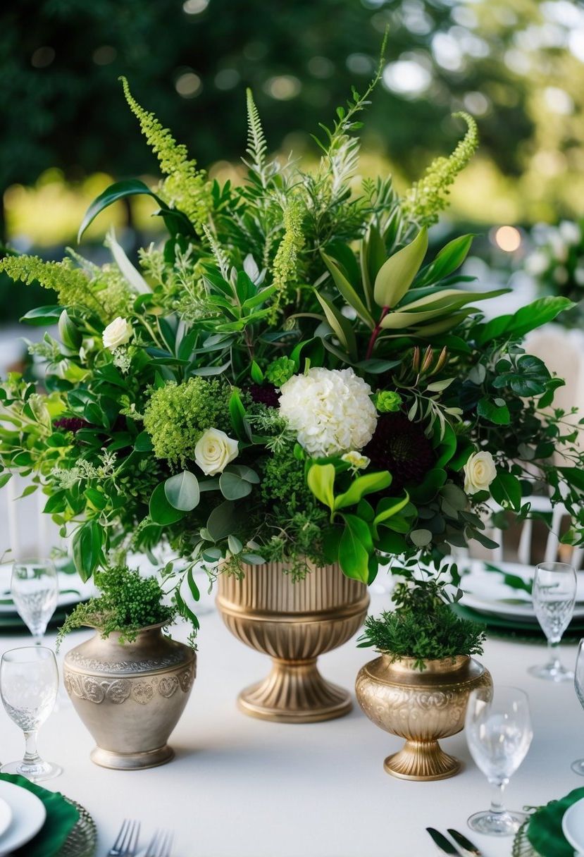 A lush, vibrant mix of greenery and foliage arranged in a variety of elegant containers, creating a stunning table centerpiece for a wedding celebration