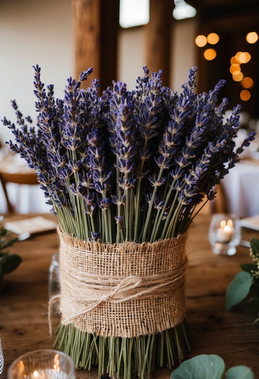 Dried lavender bundles wrap around rustic wedding table centerpieces