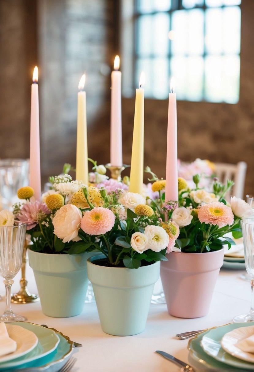 A table set with pastel pots filled with flowers and taper candles for a wedding centerpiece