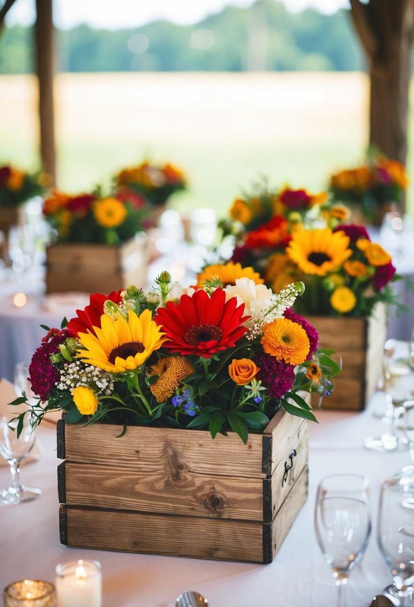 Rustic wooden boxes filled with colorful flowers adorn wedding reception tables