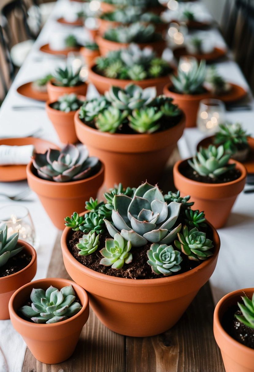 Succulent-filled terracotta pots arranged as wedding table centerpieces
